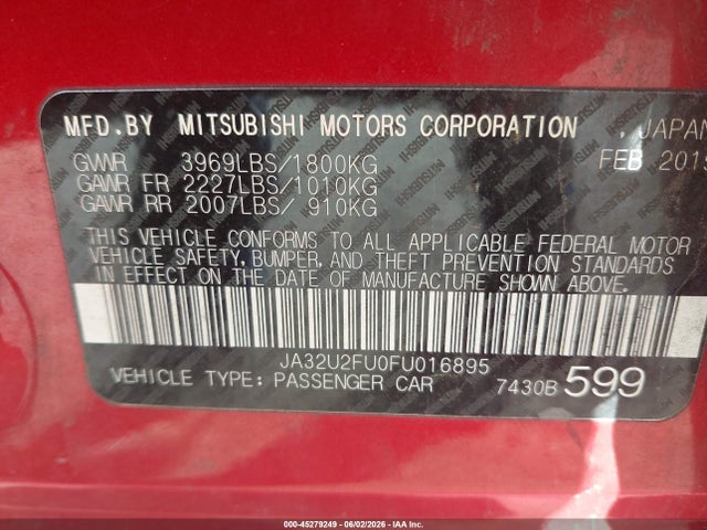 Aukcja sprzedaży 2015 Mitsubishi Lancer Es, vin: JA32U2FU0FU016895, numer aukcji: 45279249