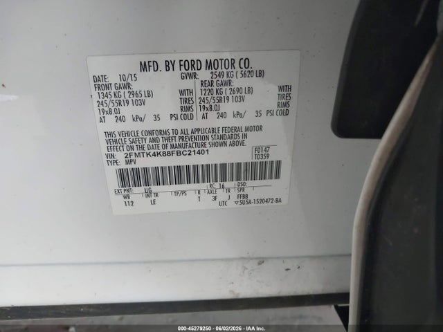 45279250 :رقم المزاد ، 2FMTK4K88FBC21401 vin ، 2015 Ford Edge Titanium مزاد بيع
