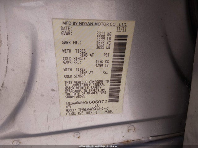 45279251 :رقم المزاد ، 5N1AA0NE6CN606072 vin ، 2012 Nissan Armada Platinum مزاد بيع
