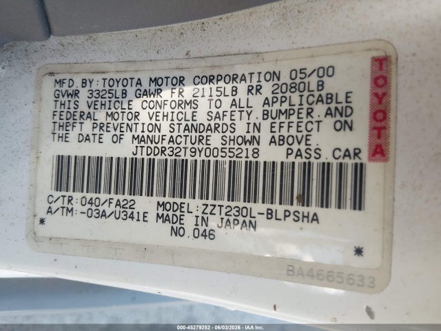 Aukcja sprzedaży 2000 Toyota Celica Gt, vin: JTDDR32T9Y0055218, numer aukcji: 45279252