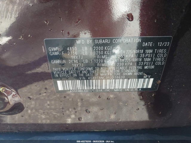 Aukcja sprzedaży 2024 Subaru Outback Limited, vin: 4S4BTANC3R3218630, numer aukcji: 45279255