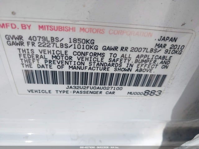 Продажа на аукционе авто 2010 Mitsubishi Lancer Es, vin: JA32U2FU0AU027100, номер лота: 45279260