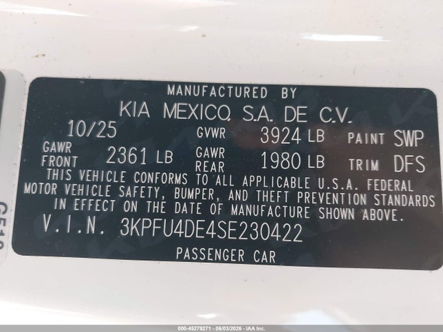 3KPFU4DE4SE230422 KIA K4 Ex