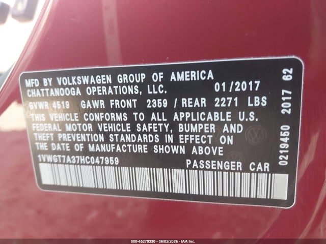 1VWGT7A37HC047959 Volkswagen Passat 1.8t Se