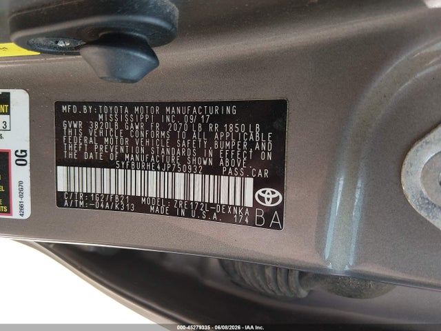 2018 Toyota Corolla Le მანქანა იყიდება აუქციონზე, vin: 5YFBURHE4JP750932, აუქციონის ნომერი: 45279335