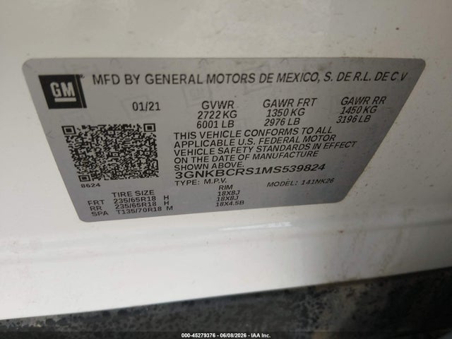 45279376 :رقم المزاد ، 3GNKBCRS1MS539824 vin ، 2021 Chevrolet Blazer Fwd 2lt مزاد بيع