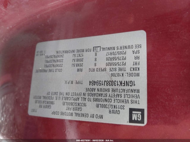 45279391 :رقم المزاد ، 1GNFK13038J159484 vin ، 2008 Chevrolet Tahoe Lt مزاد بيع