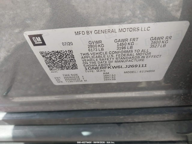 45279400 :رقم المزاد ، 1GNERFKW6LJ269111 vin ، 2020 Chevrolet Traverse Fwd Ls مزاد بيع