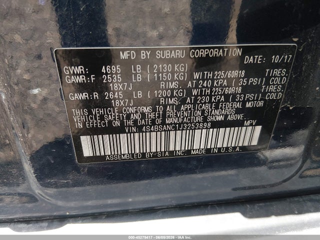 45279417 :رقم المزاد ، 4S4BSANC1J3253898 vin ، 2018 Subaru Outback 2.5i Limited مزاد بيع