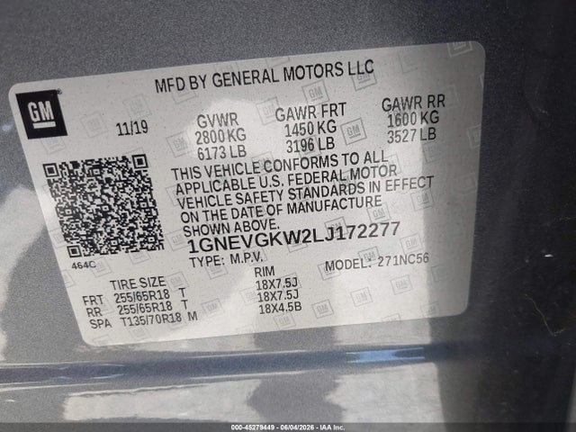 Продаж на аукціоні авто 2020 Chevrolet Traverse Awd Lt Cloth, vin: 1GNEVGKW2LJ172277, номер лоту: 45279449