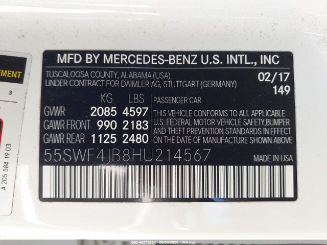 45279454 :رقم المزاد ، 55SWF4JB8HU214567 vin ، 2017 Mercedes-benz C 300 مزاد بيع