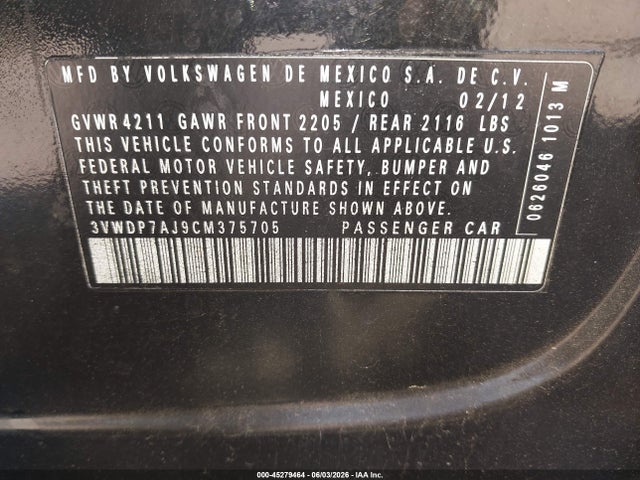 2012 Volkswagen Jetta 2.5l Se მანქანა იყიდება აუქციონზე, vin: 3VWDP7AJ9CM375705, აუქციონის ნომერი: 45279464