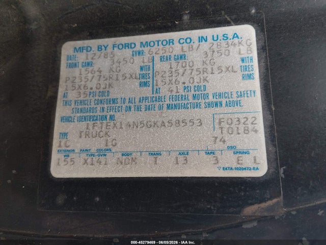 1986 Ford F150 მანქანა იყიდება აუქციონზე, vin: 1FTEX14N5GKA58553, აუქციონის ნომერი: 45279469