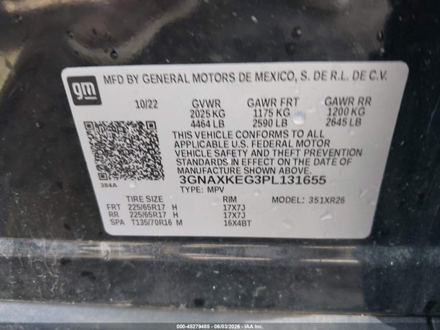Продажа на аукционе авто 2023 Chevrolet Equinox Fwd Lt, vin: 3GNAXKEG3PL131655, номер лота: 45279485