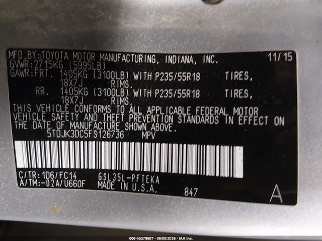 45279507 :رقم المزاد ، 5TDJK3DC5FS126736 vin ، 2015 Toyota Sienna Le 7 Passenger مزاد بيع