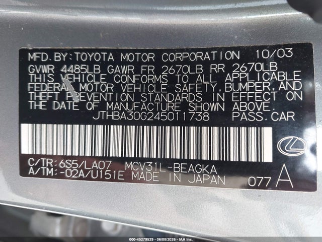 Aukcja sprzedaży 2004 Lexus Es 330, vin: JTHBA30G245011738, numer aukcji: 45279529