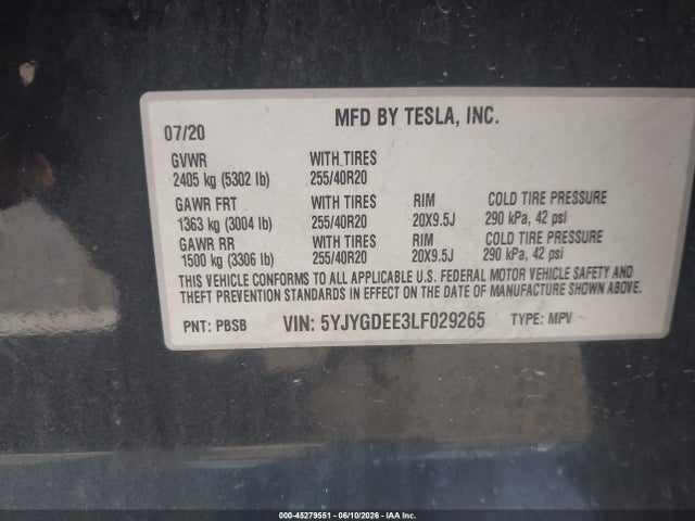 Продажа на аукционе авто 2020 Tesla Model Y Long Range Dual Motor All-wheel Drive, vin: 5YJYGDEE3LF029265, номер лота: 45279551