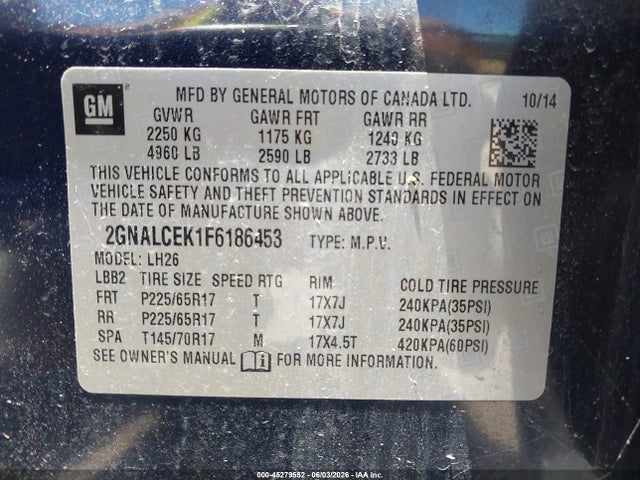 2015 Chevrolet Equinox 2lt მანქანა იყიდება აუქციონზე, vin: 2GNALCEK1F6186453, აუქციონის ნომერი: 45279552