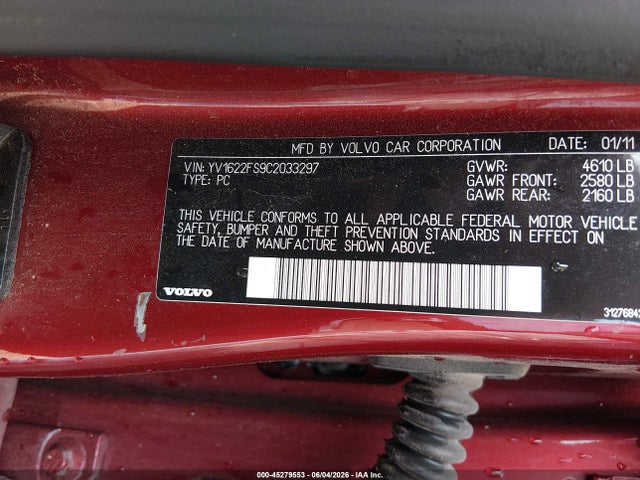 45279553 :رقم المزاد ، YV1622FS9C2033297 vin ، 2012 Volvo S60 T5 مزاد بيع