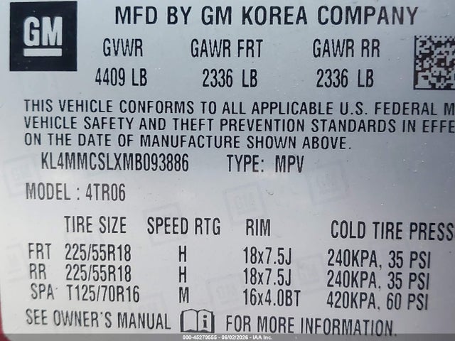 45279555 :رقم المزاد ، KL4MMCSLXMB093886 vin ، 2021 Buick Encore Gx Awd Preferred مزاد بيع