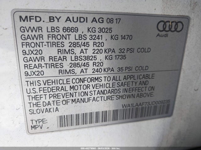 Продажа на аукционе авто 2018 Audi Q7 3.0t Premium, vin: WA1LAAF73JD009235, номер лота: 45279565
