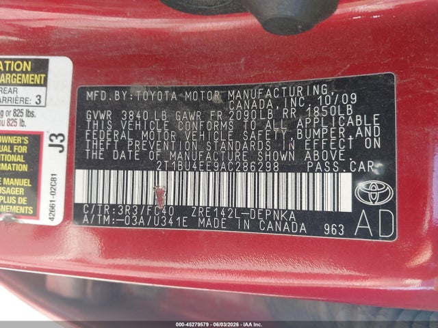 45279579 :رقم المزاد ، 2T1BU4EE9AC286298 vin ، 2010 Toyota Corolla Xle مزاد بيع