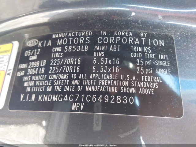 2012 Kia Sedona Lx მანქანა იყიდება აუქციონზე, vin: KNDMG4C71C6492830, აუქციონის ნომერი: 45279588