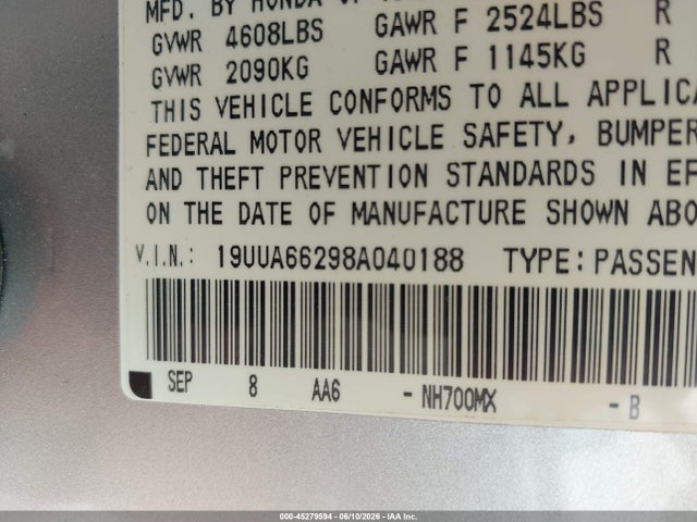 Aukcja sprzedaży 2008 Acura Tl 3.2, vin: 19UUA66298A040188, numer aukcji: 45279594