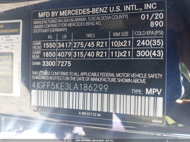 2020 Mercedes-benz Gls 450 4matic მანქანა იყიდება აუქციონზე, vin: 4JGFF5KE3LA186299, აუქციონის ნომერი: 45279598