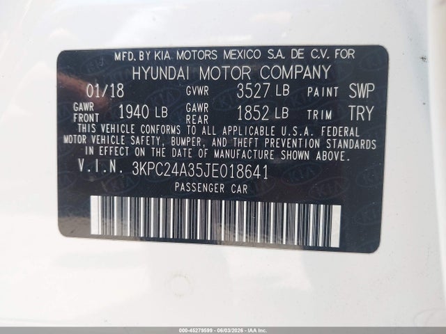 2018 Hyundai Accent Se მანქანა იყიდება აუქციონზე, vin: 3KPC24A35JE018641, აუქციონის ნომერი: 45279599