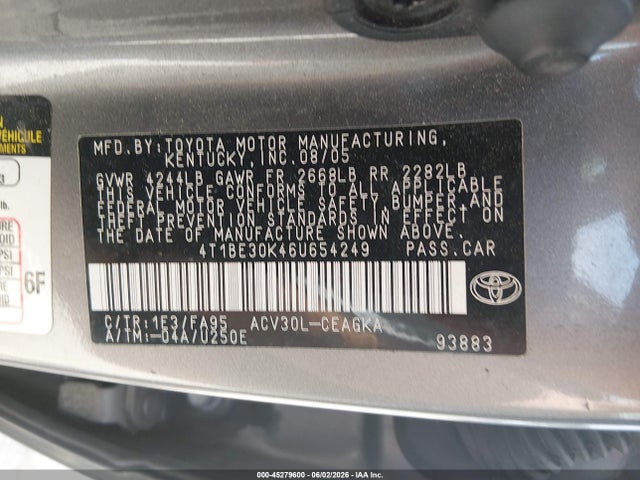 45279600 :رقم المزاد ، 4T1BE30K46U654249 vin ، 2006 Toyota Camry Xle مزاد بيع