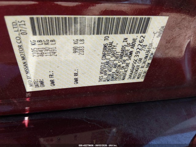 2016 Nissan Maxima 3.5 Platinum მანქანა იყიდება აუქციონზე, vin: 1N4AA6AP5GC392262, აუქციონის ნომერი: 45279606
