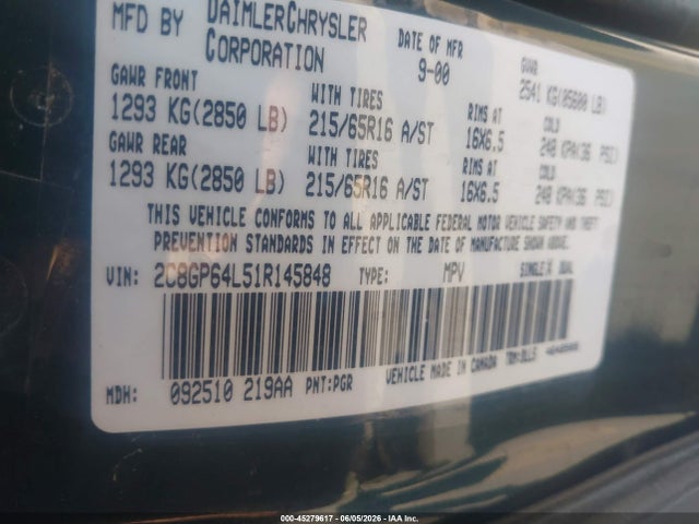 Продажа на аукционе авто 2001 Chrysler Town & Country Limited, vin: 2C8GP64L51R145848, номер лота: 45279617