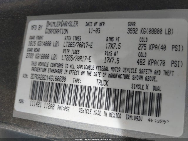 Aukcja sprzedaży 2004 Dodge Ram 2500 Slt/laramie, vin: 3D7KA28D14G160680, numer aukcji: 45279626