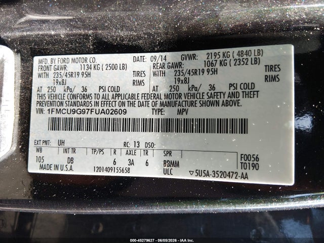 Продажа на аукционе авто 2015 Ford Escape Se, vin: 1FMCU9G97FUA02609, номер лота: 45279627