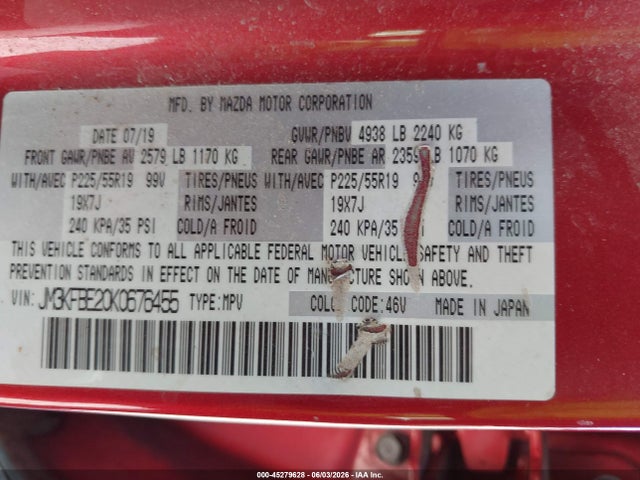 45279628 :رقم المزاد ، JM3KFBE20K0676455 vin ، 2019 Mazda Cx-5 Signature W/diesel مزاد بيع