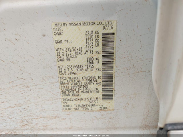 Продажа на аукционе авто 2016 Nissan Murano Sv, vin: 5N1AZ2MGXGN156181, номер лота: 45279636