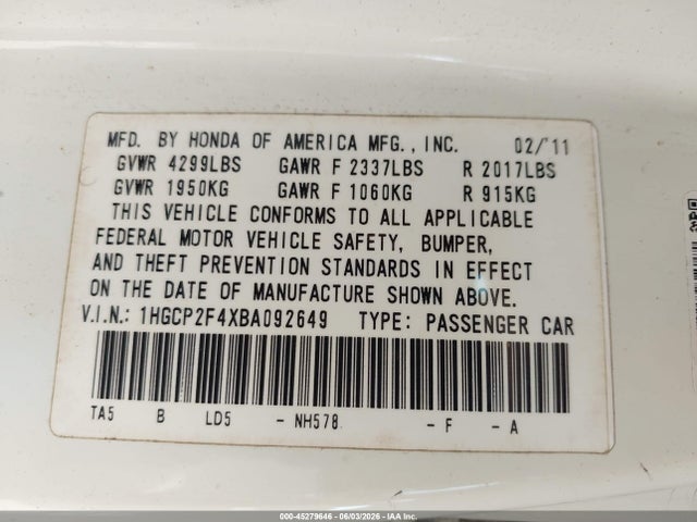 Auction sale of the 2011 Honda Accord 2.4 Lx-p, vin: 1HGCP2F4XBA092649, lot number: 45279646