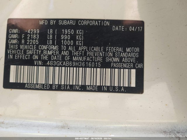 45279647 :رقم المزاد ، 4S3GKAB69H3616015 vin ، 2017 Subaru Impreza 2.0i Premium مزاد بيع