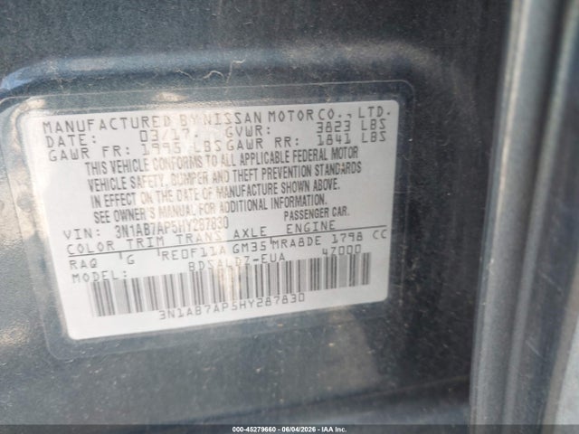 2017 Nissan Sentra Sv მანქანა იყიდება აუქციონზე, vin: 3N1AB7AP5HY287830, აუქციონის ნომერი: 45279660