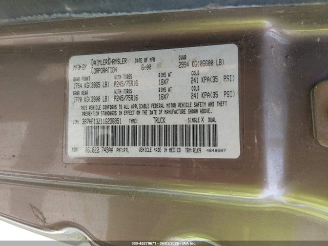 2001 Dodge Ram 1500 St მანქანა იყიდება აუქციონზე, vin: 3B7HF13Z11G236851, აუქციონის ნომერი: 45279671