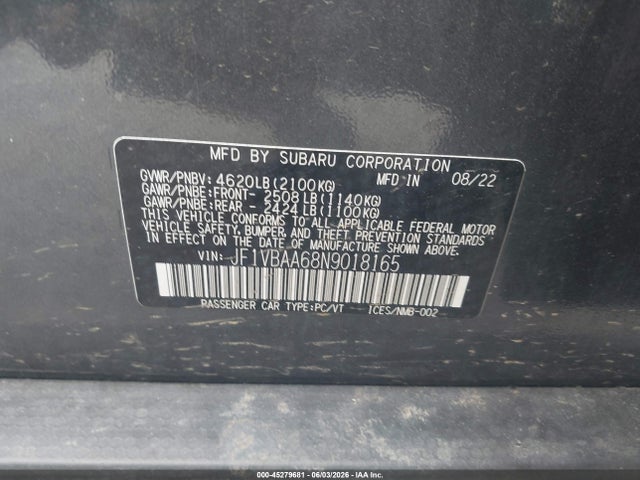 45279681 :رقم المزاد ، JF1VBAA68N9018165 vin ، 2022 Subaru Wrx مزاد بيع