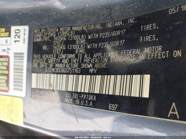 45279683 :رقم المزاد ، 5TDYK3DC8GS751163 vin ، 2016 Toyota Sienna Xle Premium 8 Passenger مزاد بيع
