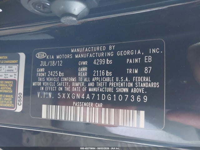 Aukcja sprzedaży 2013 Kia Optima Ex, vin: 5XXGN4A71DG107369, numer aukcji: 45279694