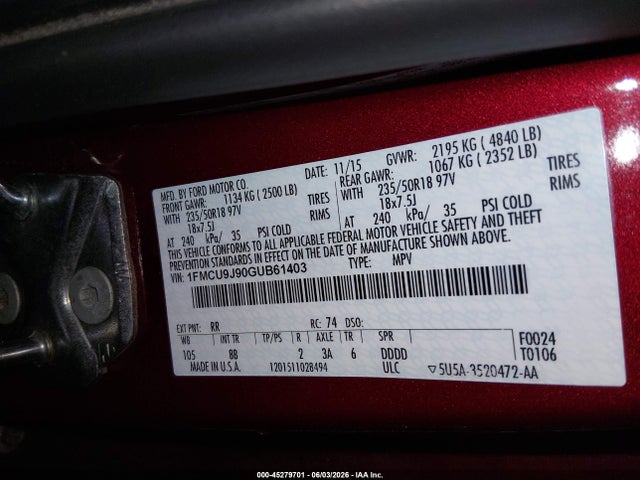 Продажа на аукционе авто 2016 Ford Escape Titanium, vin: 1FMCU9J90GUB61403, номер лота: 45279701