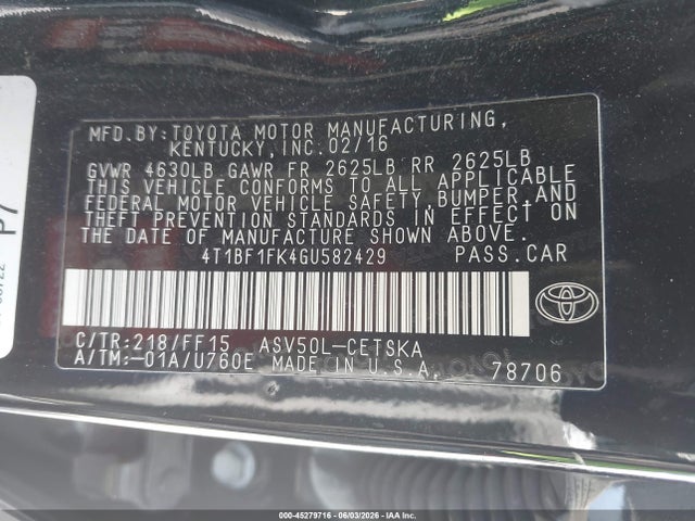 Toyota CAMRY SE 2016 4T1BF1FK4GU582429 Image 9