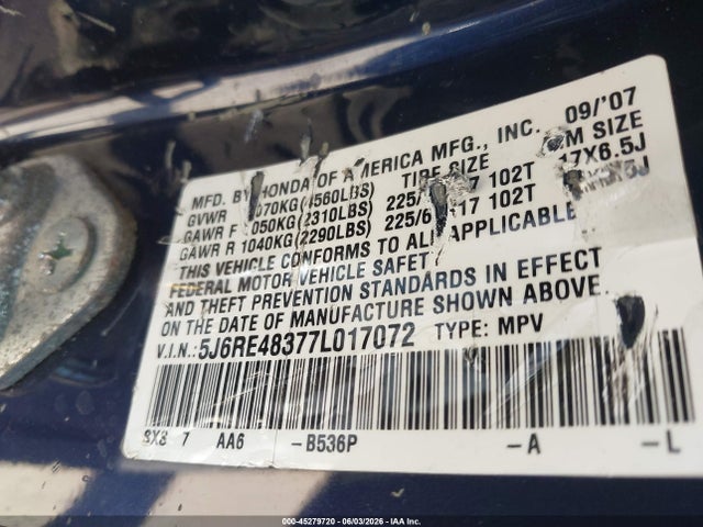45279720 :رقم المزاد ، 5J6RE48377L017072 vin ، 2007 Honda Cr-v Lx مزاد بيع