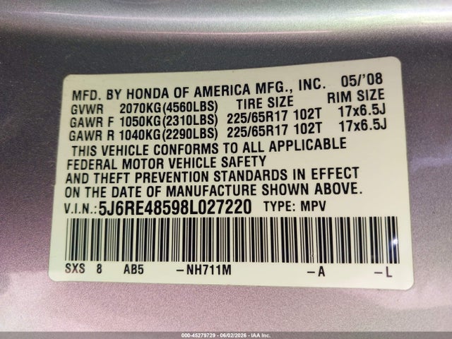 Продажа на аукционе авто 2008 Honda Cr-v Ex, vin: 5J6RE48598L027220, номер лота: 45279729