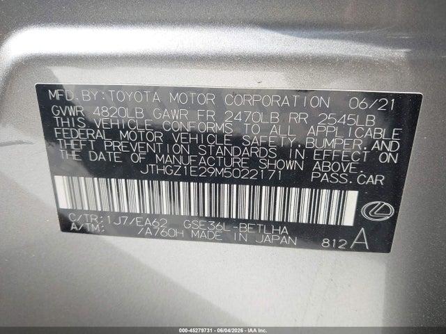 Aukcja sprzedaży 2021 Lexus Is 350 F Sport, vin: JTHGZ1E29M5022171, numer aukcji: 45279731