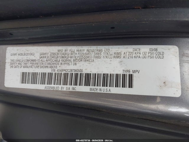 Продажа на аукционе авто 2008 Subaru Outback 2.5i Limited/2.5i Limited L.l. Bean Edition, vin: 4S4BP62C287360500, номер лота: 45279736